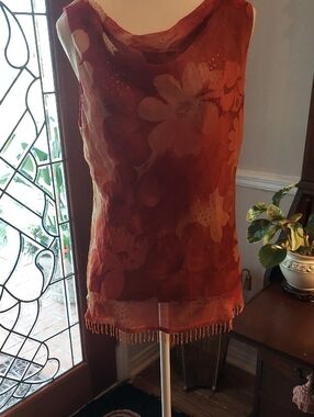 Beaded Floral Sheer Sleeveless Top - Rust/Coral